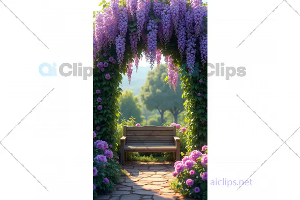 Peaceful Garden Bench Under Floral Arch