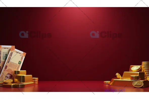 Gold Bars, Indian Rupees, and Coins on Red Background