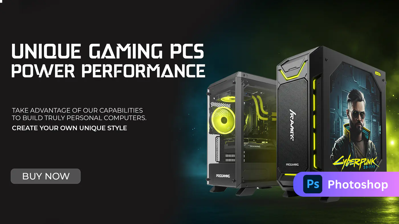 Cyberpunk Gaming PC Ad Banner with Yellow LED Custom Builds