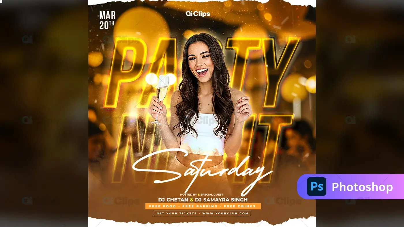 Golden Saturday Night Party Flyer with Champagne Template