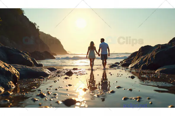 Romantic Couple Walking on a Beach at Sunset