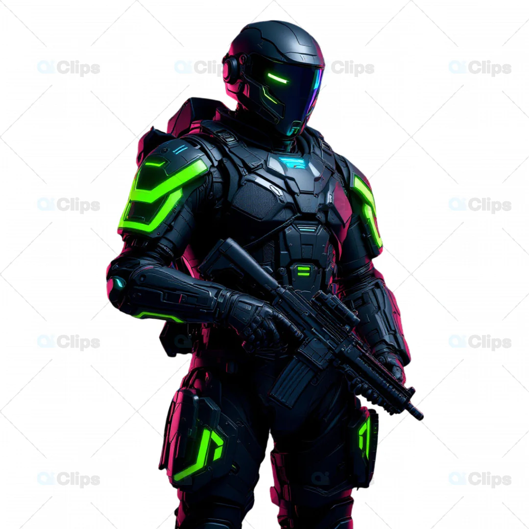 Futuristic Armored Soldier in Neon-Tinted Tactical Gear