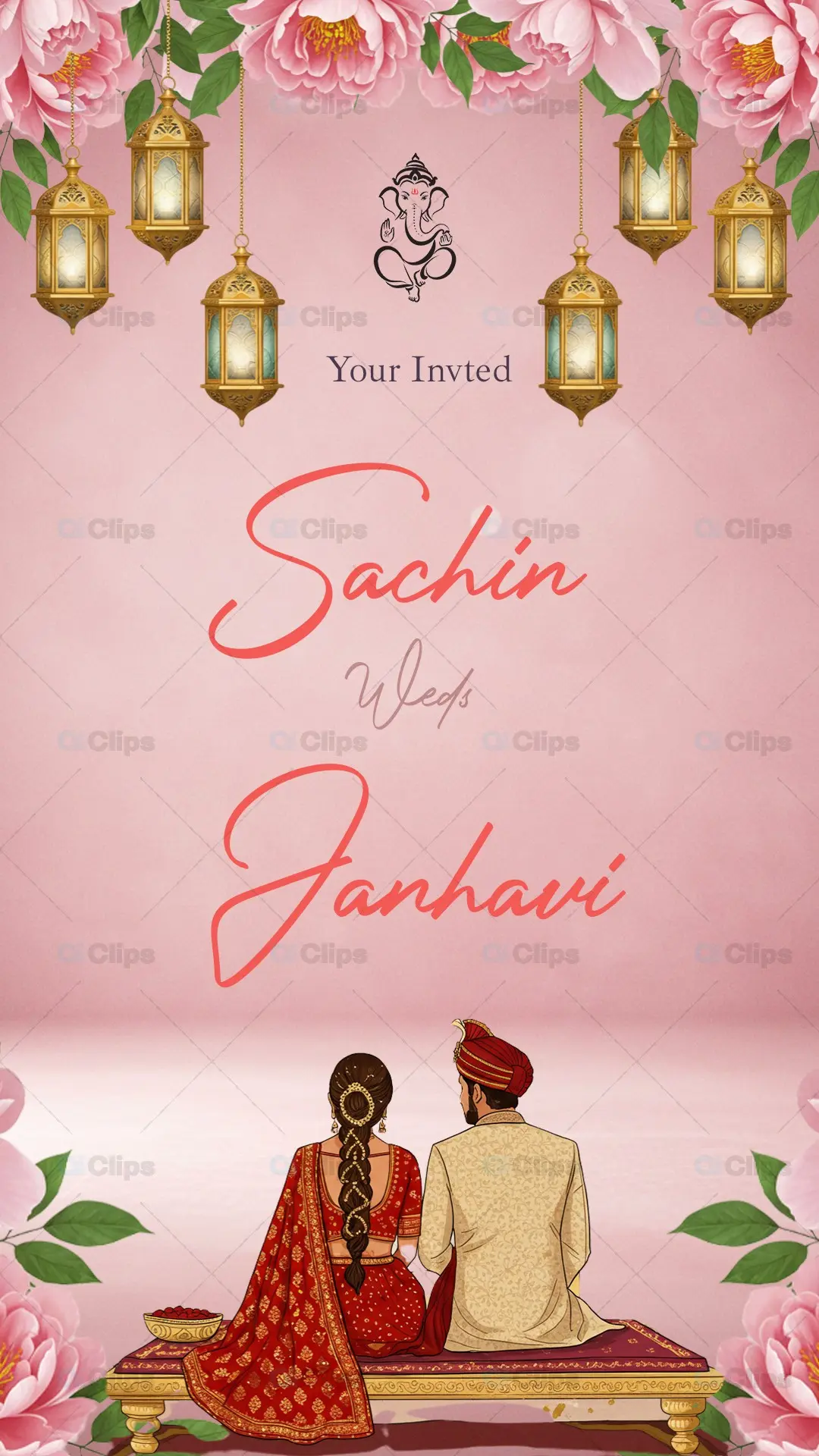 Indian Wedding Invitation with Hanging Lanterns and Peony Border