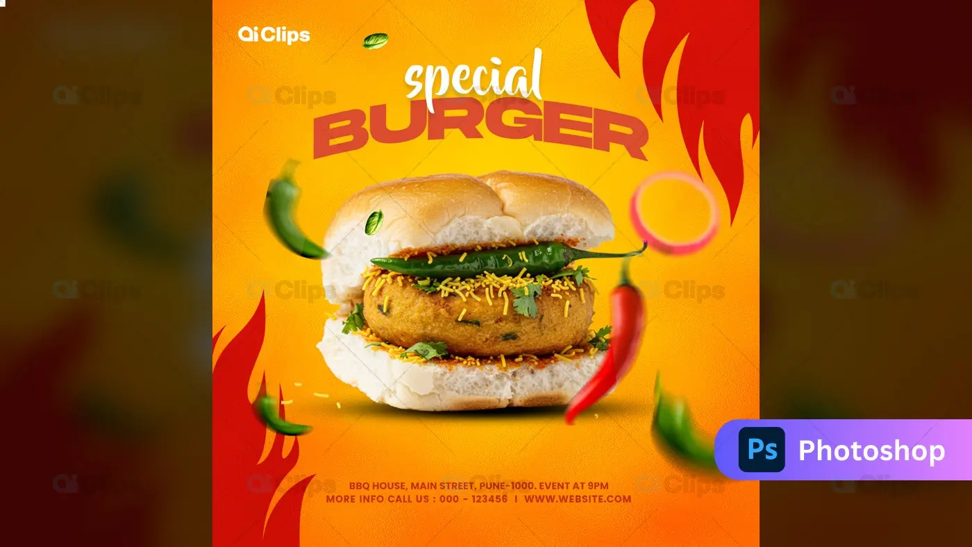 Spicy Special Burger with Flame Design Food Promotion Template