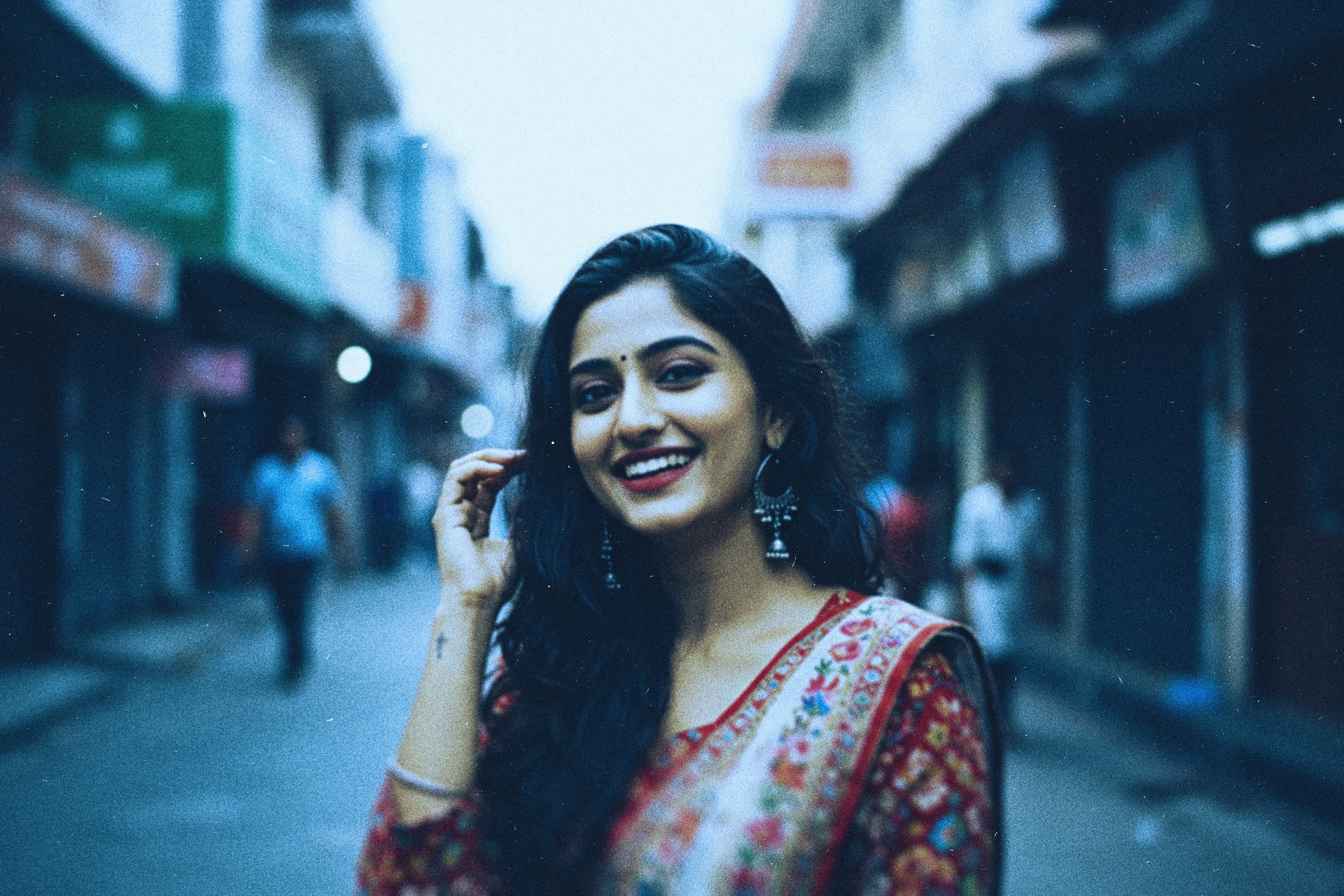 Vintage Film Effect  Indian Woman in Saree on Street