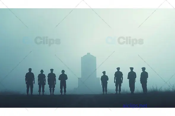 Soldier Silhouettes in Foggy Landscape with Monument