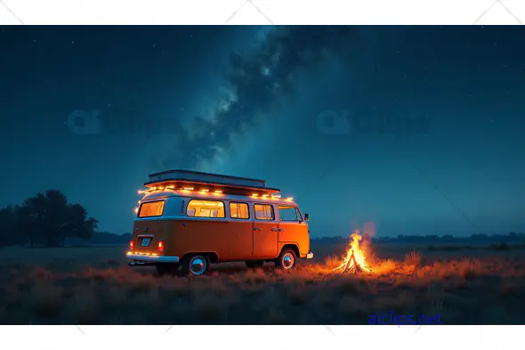 Vintage Camper Van Under Starry Sky with Campfire