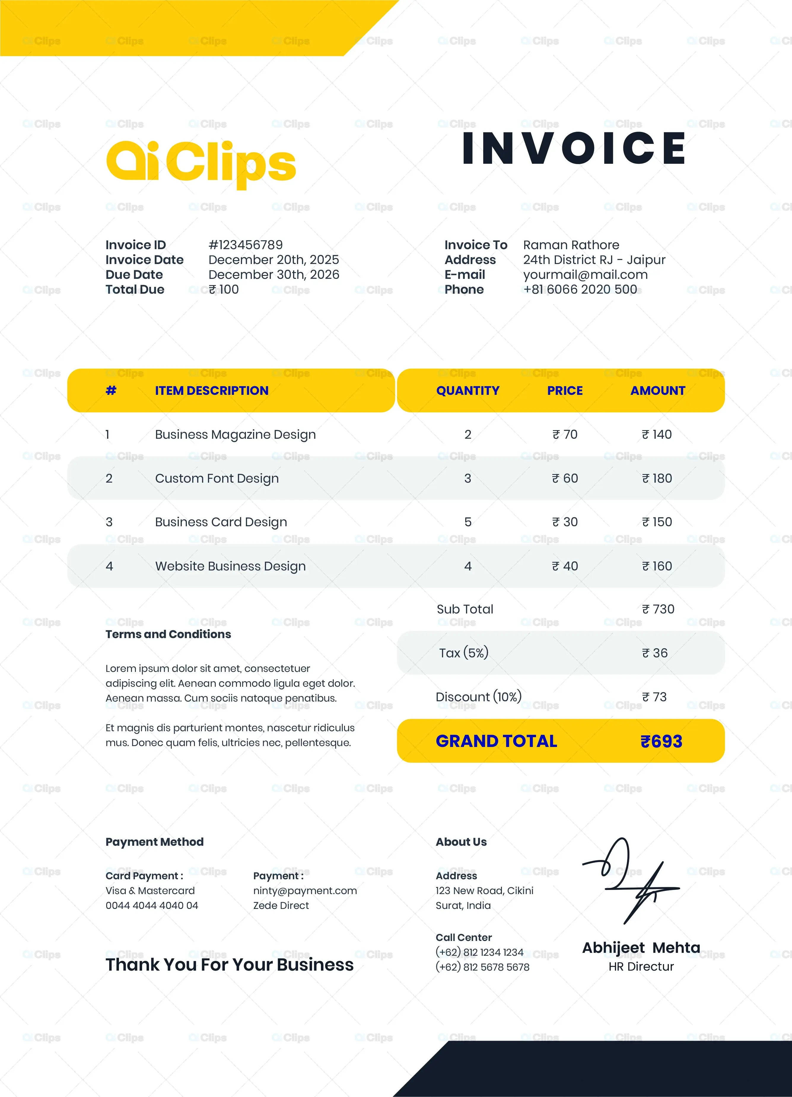 Modern Yellow Corporate Invoice Template Design