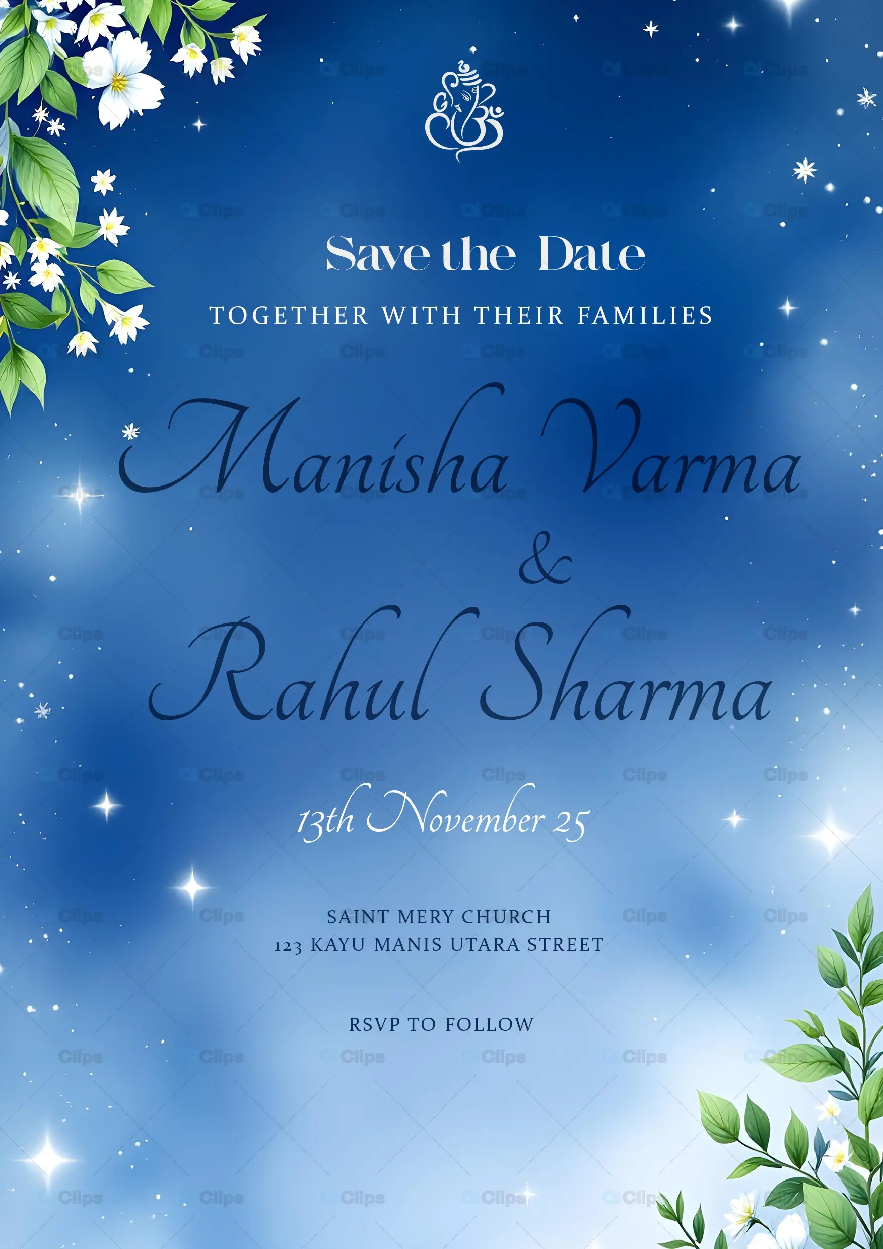 Elegant Blue Wedding Invitation PSD Template
