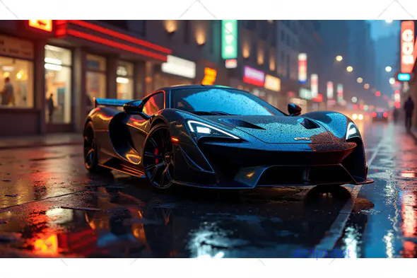 Luxury Black Supercar on a Neon-Lit Wet City Street