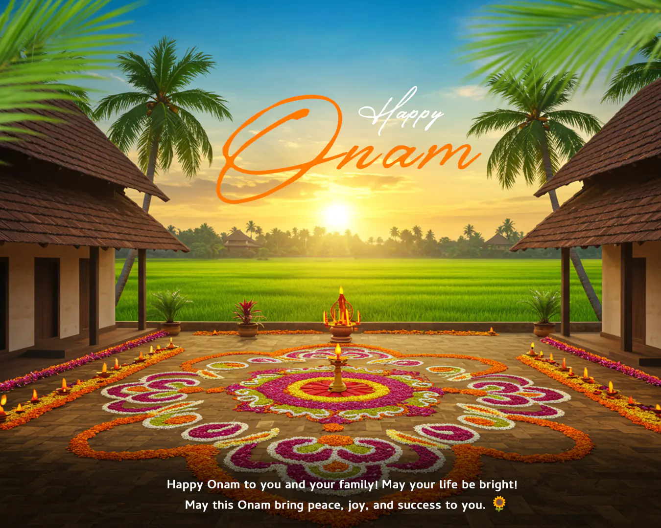 Happy Onam Beautiful Kerala Sunrise template with Pookalam and Rituals