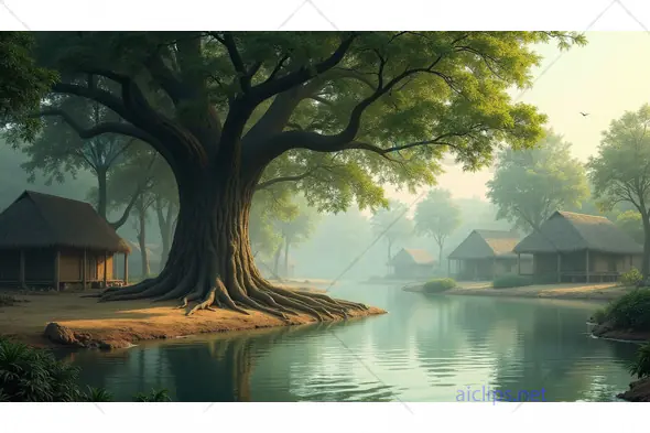 Serene Village by the River with Ancient Tree
