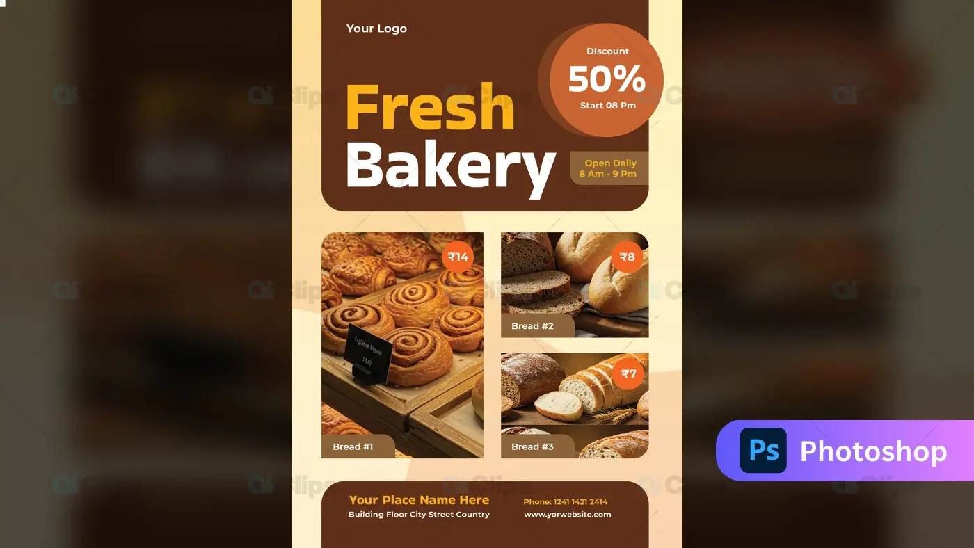 Fresh Bakery Shop 50% Discount Promotional Template
