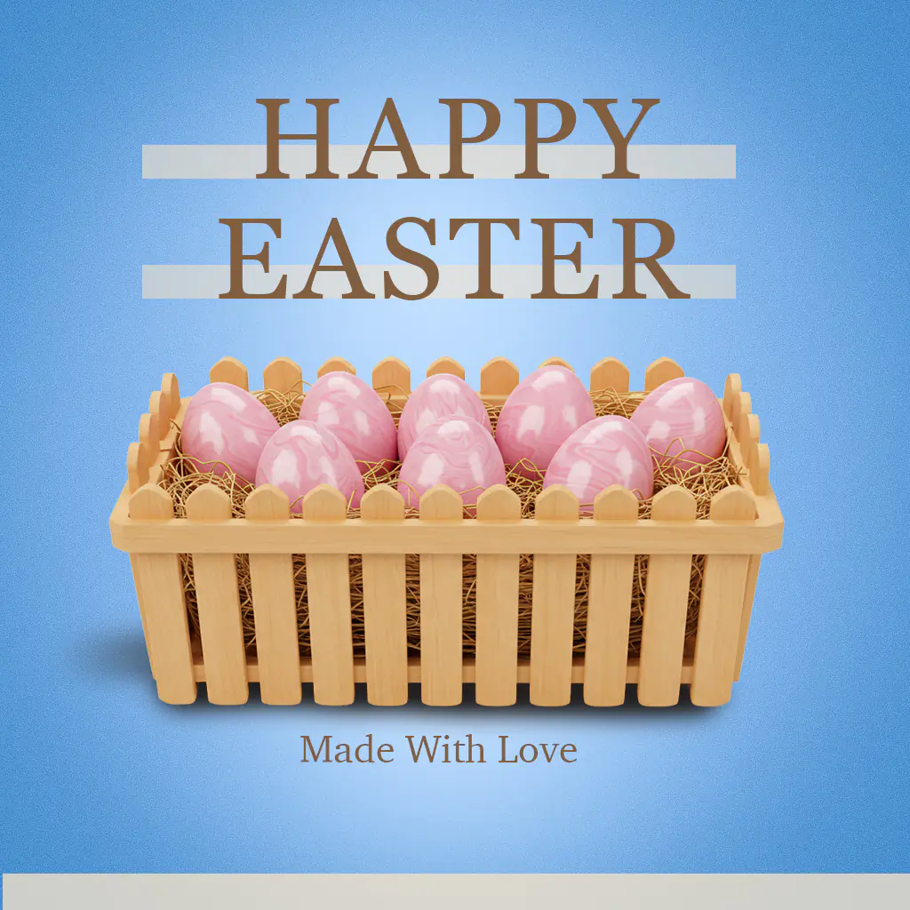 Happy Easter Greeting with Wooden Basket of Pink Eggs – Made With Love Theme