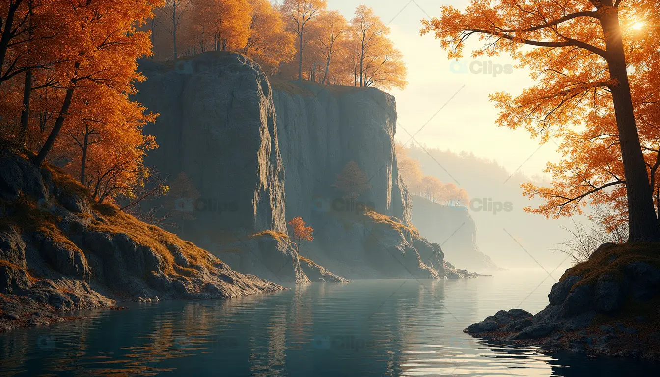 Golden Autumn Cliffs Reflecting on Calm Waters