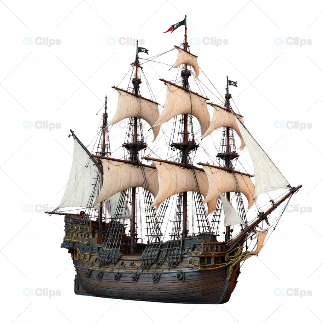 Detailed 3D Model of Classic Pirate Ship with Full Rigging and Sails