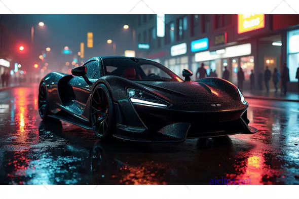 Sleek Black Supercar in Neon-Lit Urban Night Scene