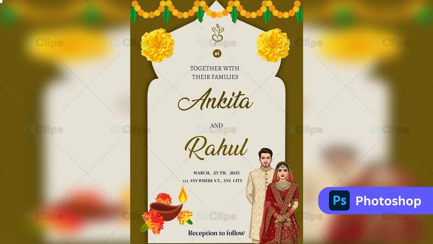 Traditional beautiful Indian Wedding Invitation PSD Template