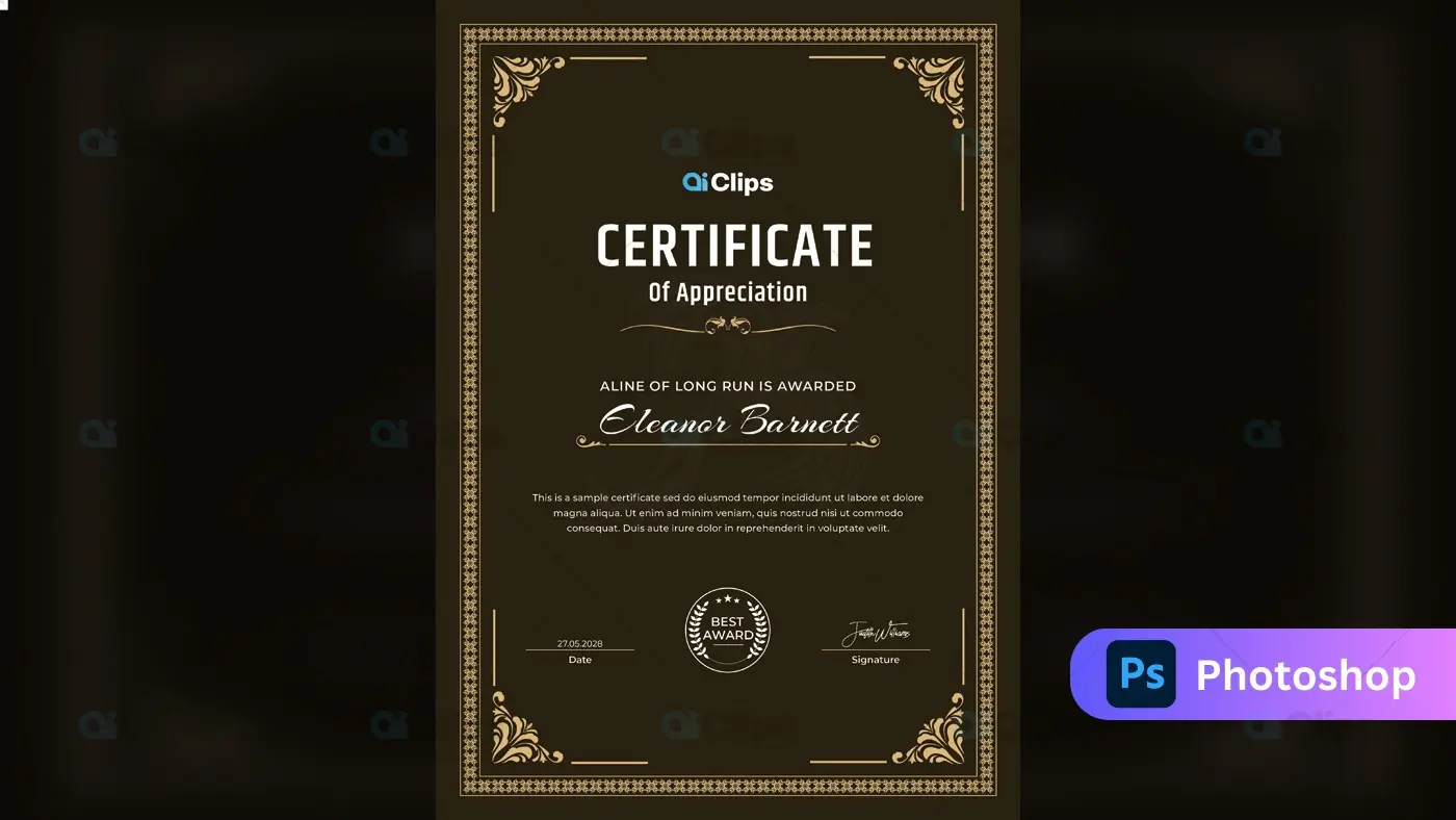 Elegant Dark Certificate Template with Gold Corner Flourishes