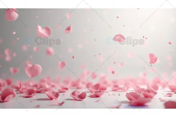 Falling Pink Petals and Hearts on Soft Grey Background