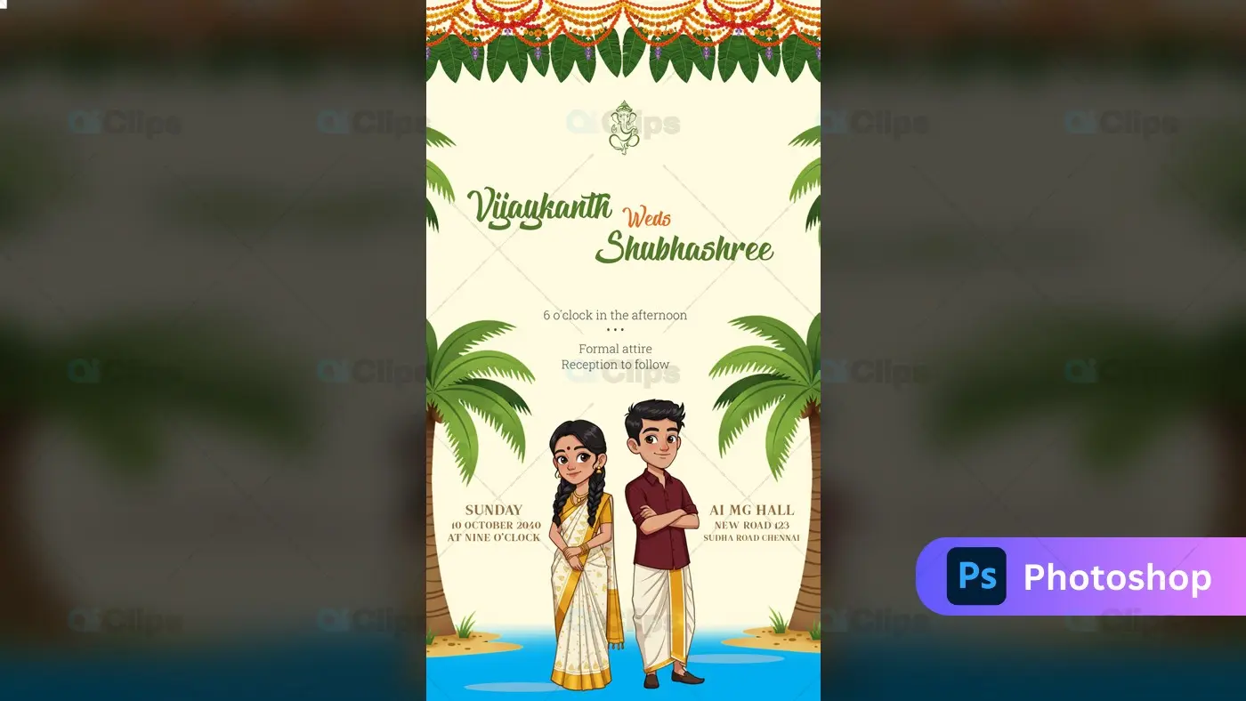 South Indian Wedding Invitation Template with Cartoon Couple