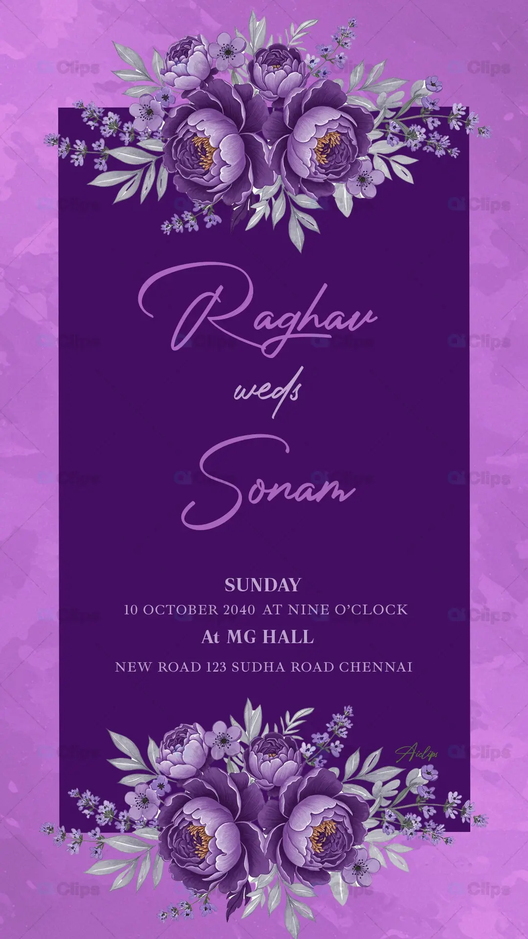 Elegant Purple Peony Wedding Invitation Template