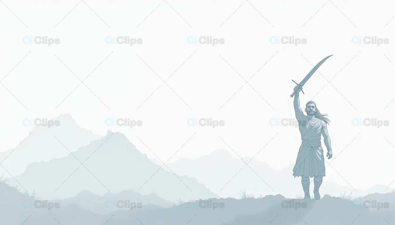Warrior Holding Sword in the Mountains