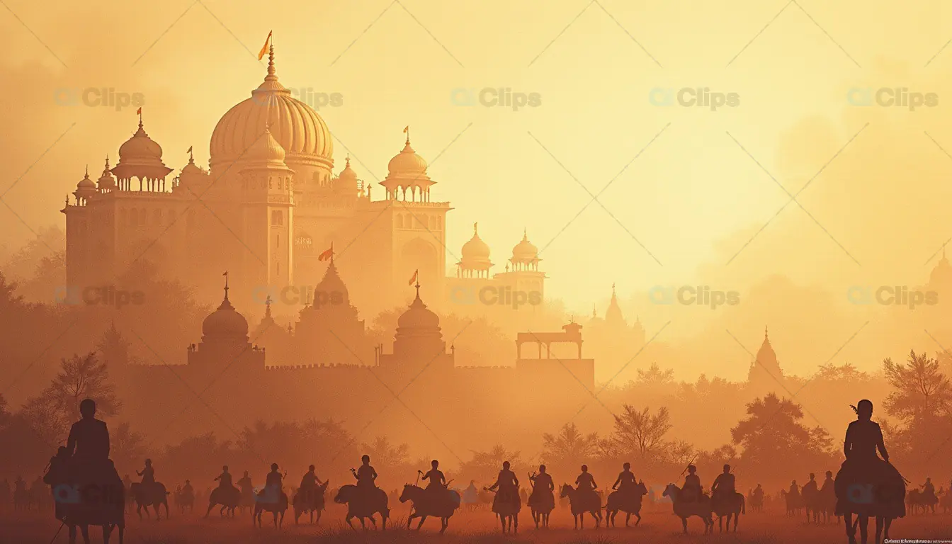 Majestic Indian Palace at Sunset with Silhouetted Riders
