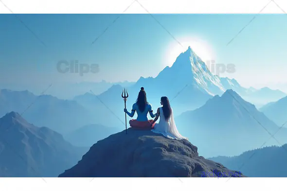Lord Shiva and Parvati on a Mountain Peak in Divine Serenity
