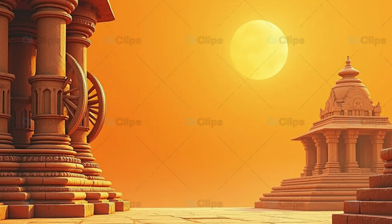 Ancient Indian Temple with Glowing Sun Background