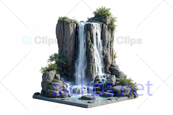 Realistic 3D Cliffside Waterfall with Rocks and Greenery