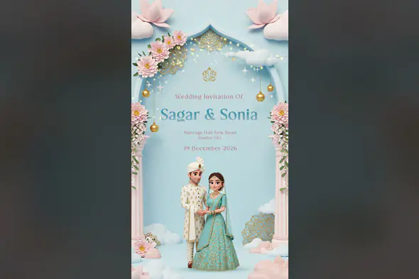 Sky Blue 3D Indian Wedding Invitation Template with Cartoon Couple