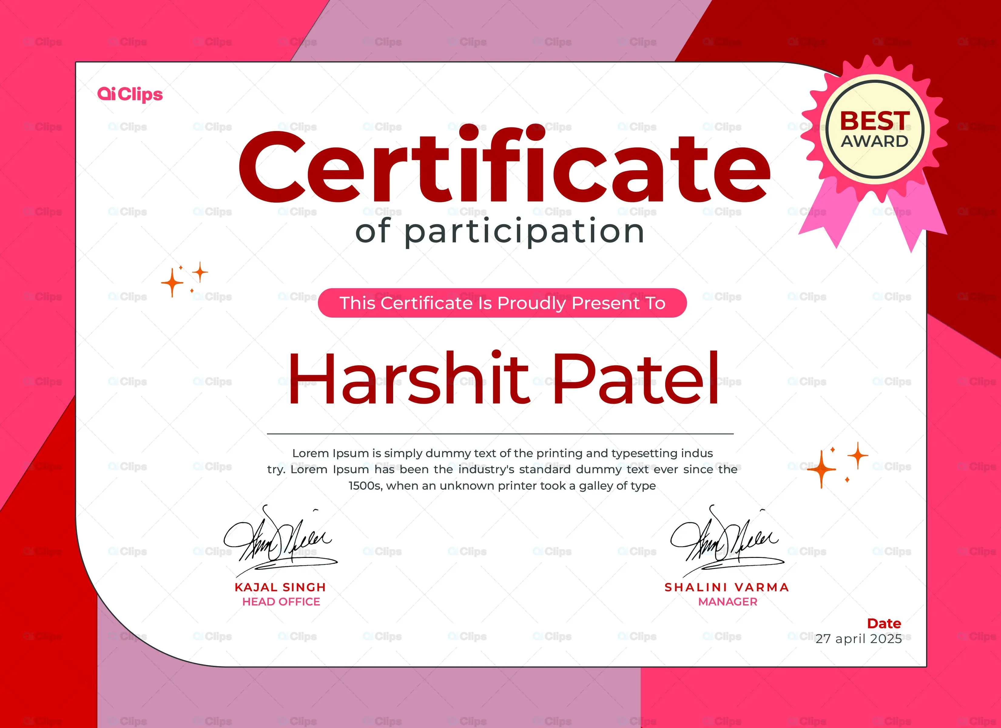Modern Red and White Certificate of Participation Template