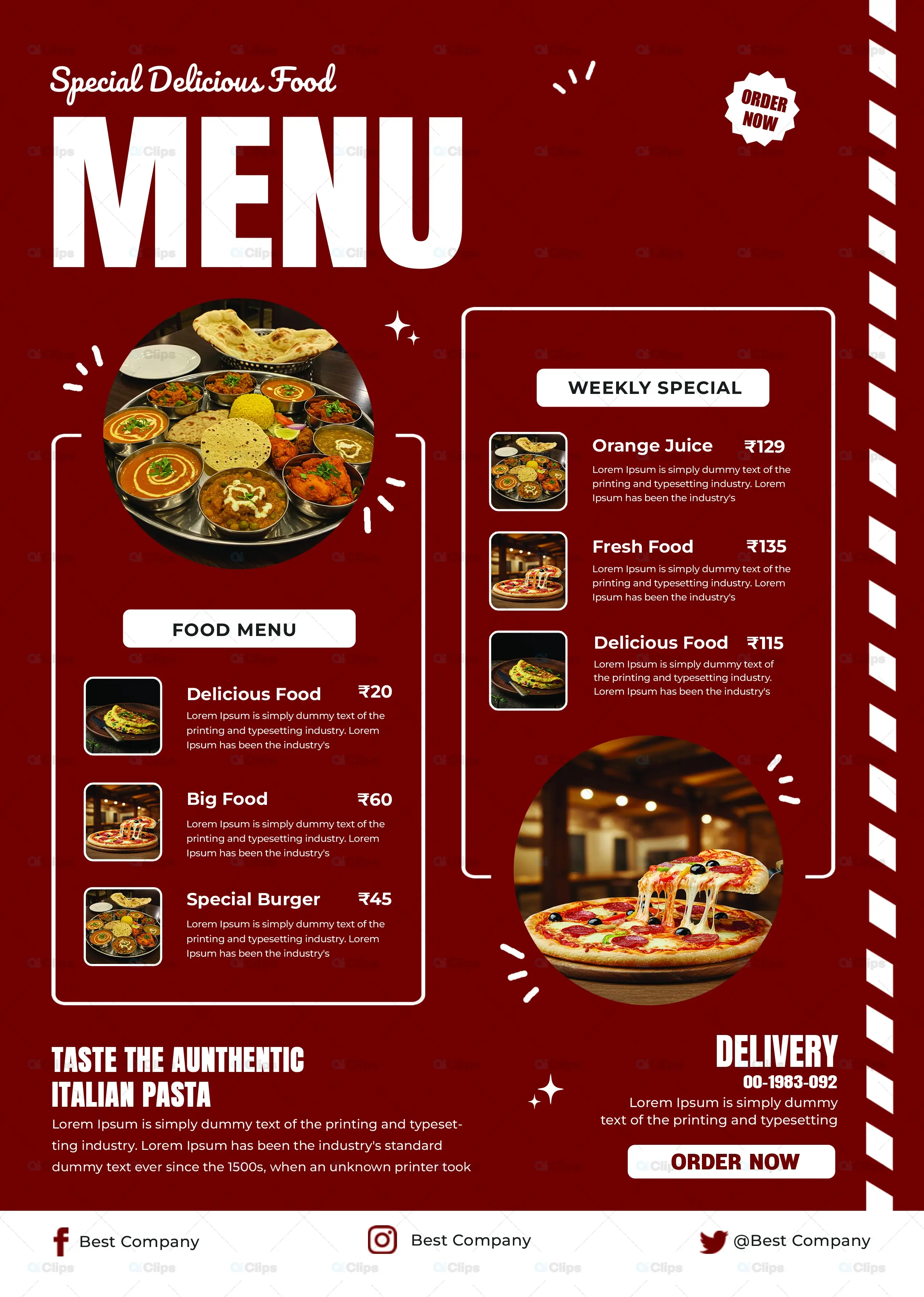 Modern Red Restaurant Food Menu Template with Photo Elements