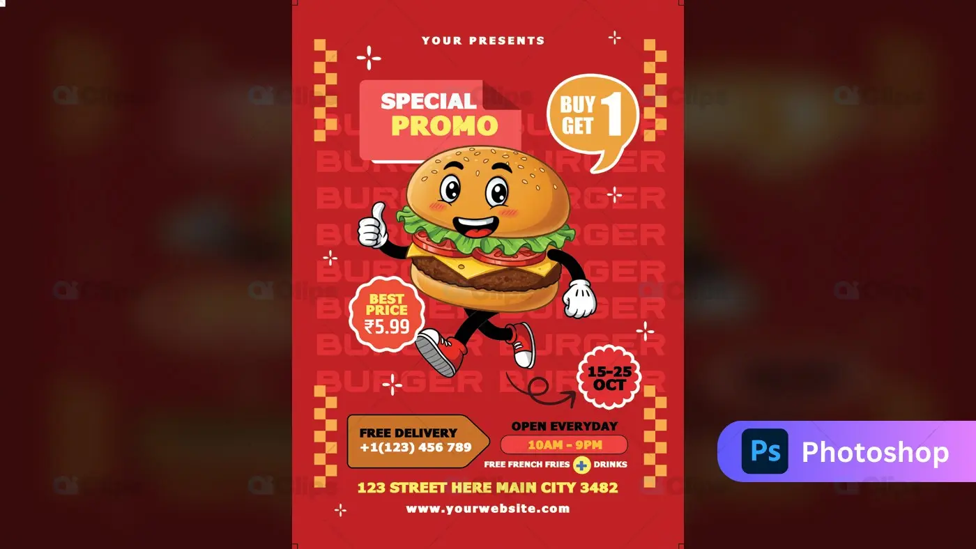 Cartoon Burger Special Promo Buy 1 Get 1 Flyer Template