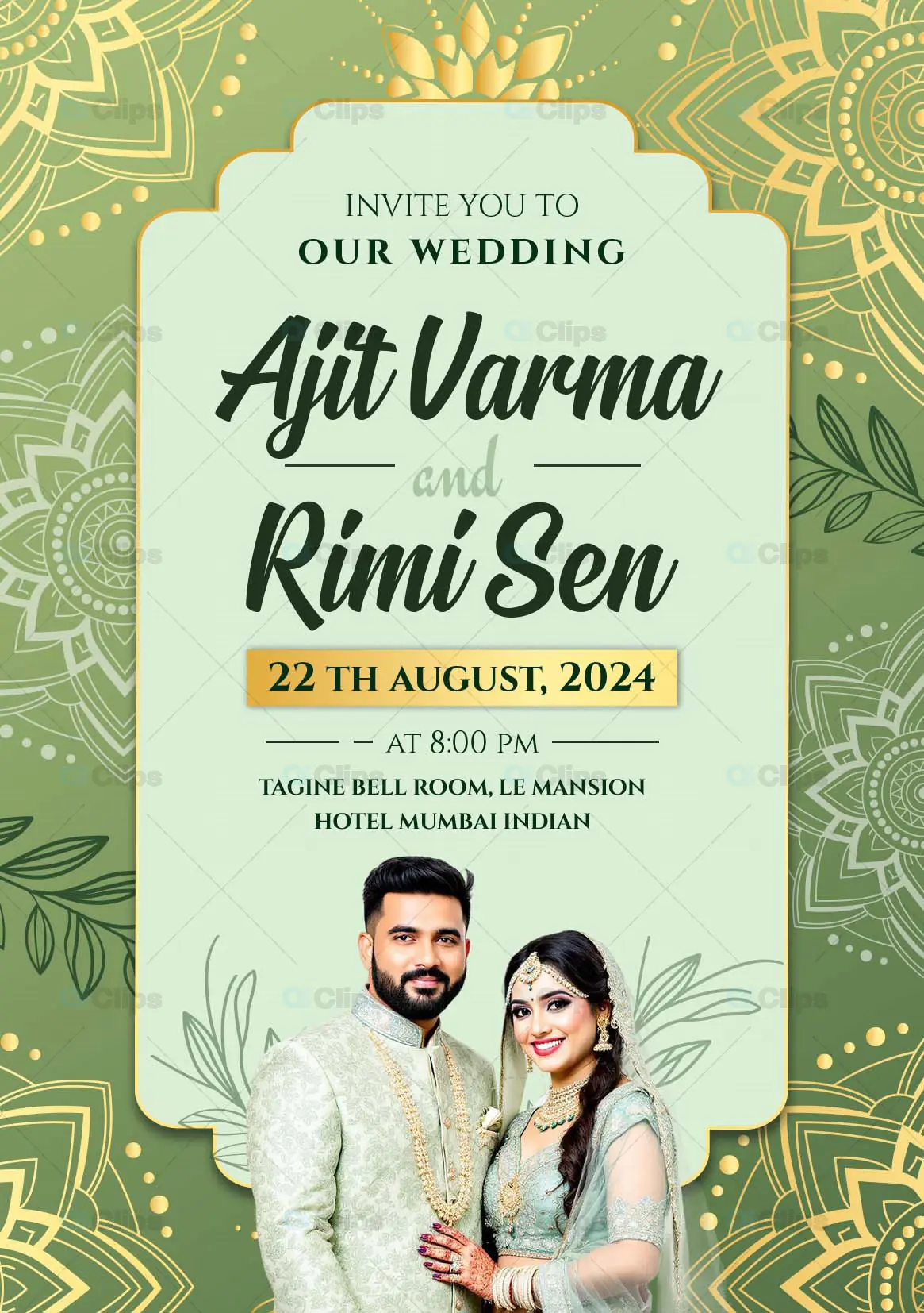 Classic Green Wedding Invitation PSD Template