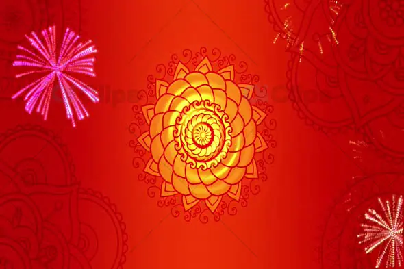 Glowing Yellow Mandala with Fireworks on Red Background - Festive Celebration Motion Graphic