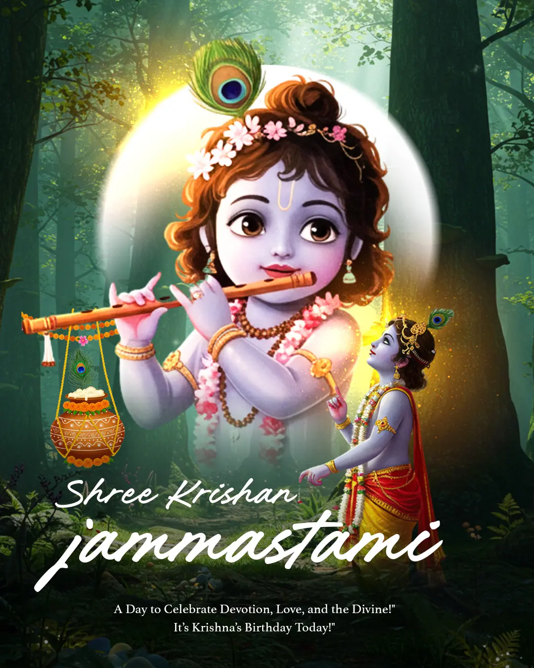 Krishna Poster with Flute & Forest Background Template