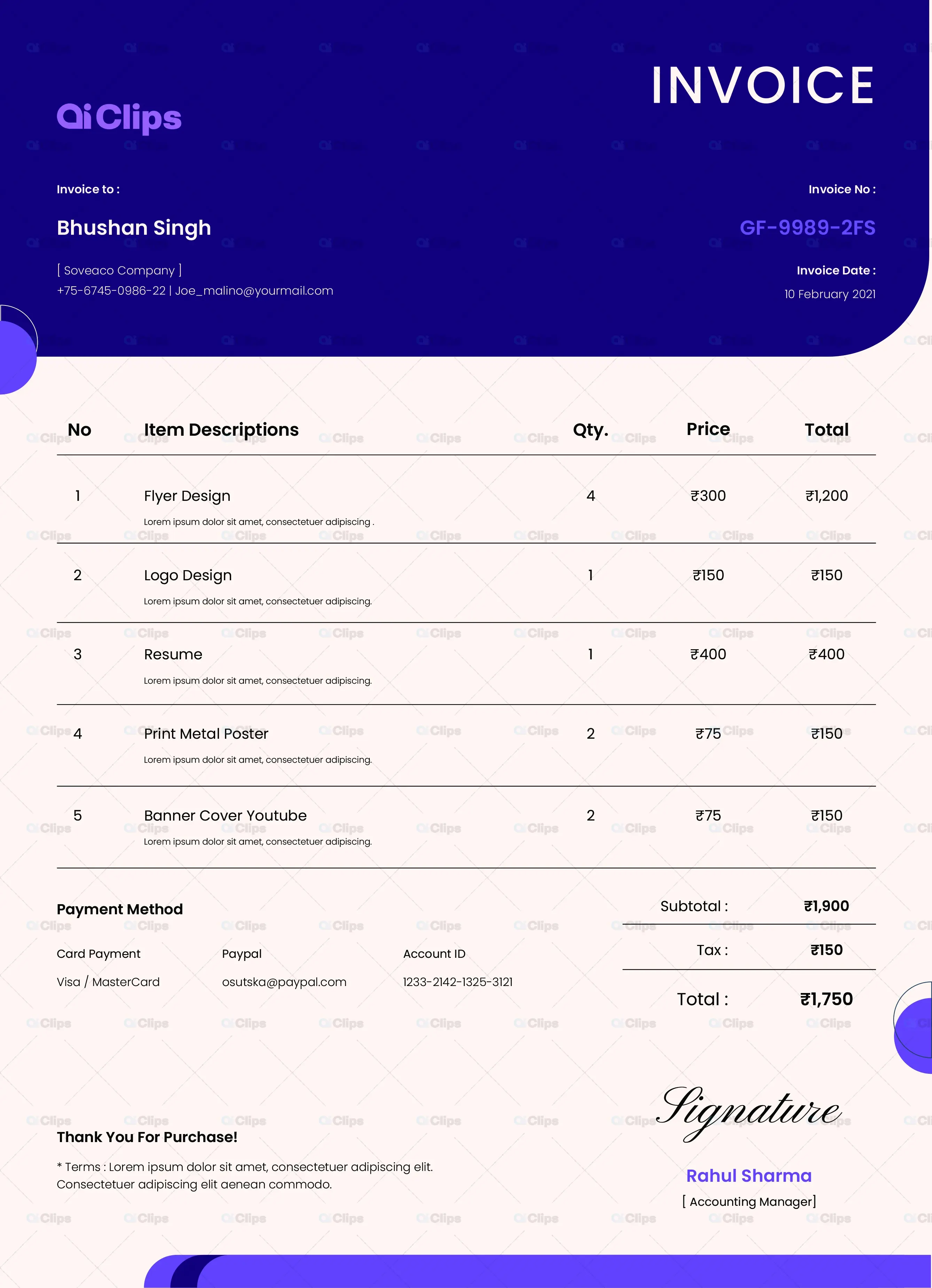 Modern Purple Professional Invoice Template Design