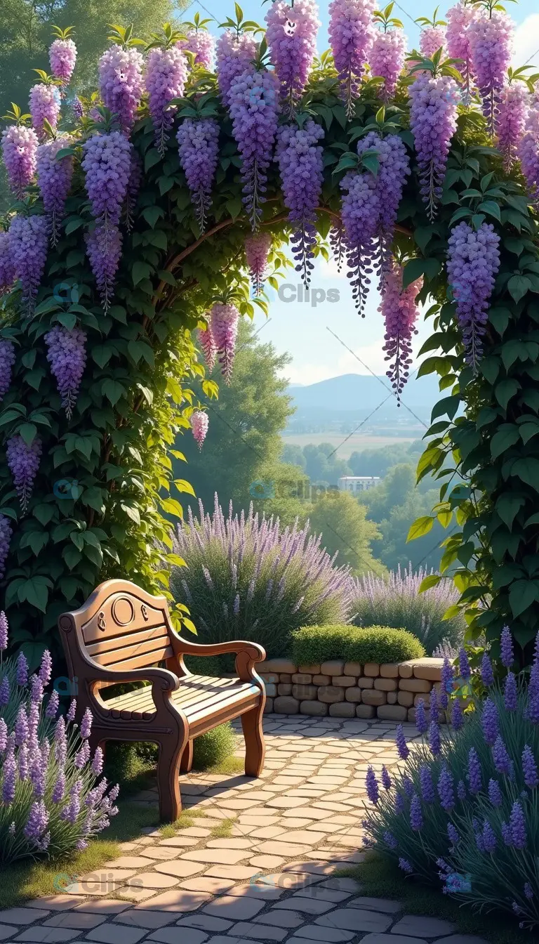 Tranquil Wooden Garden Bench Under Wisteria Arch