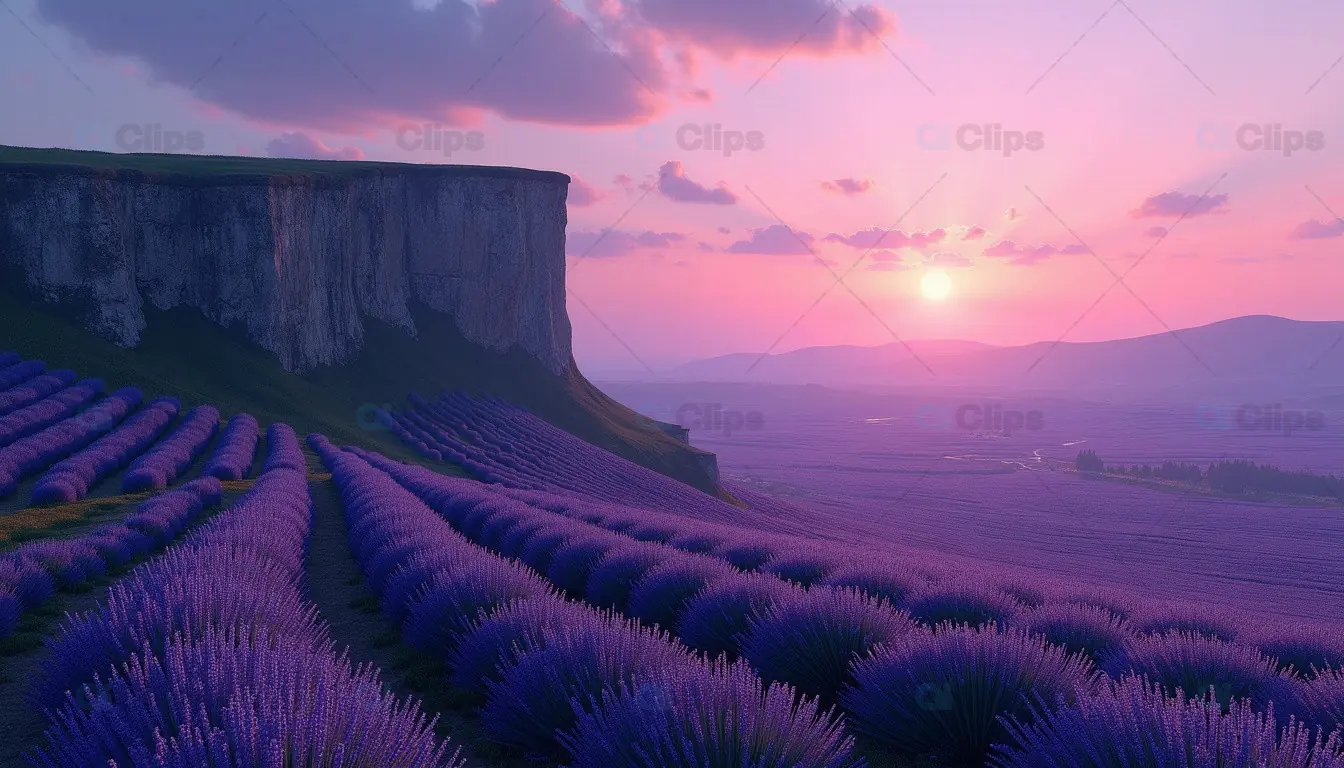 Sunset Over Lavender Fields and Majestic Cliffs