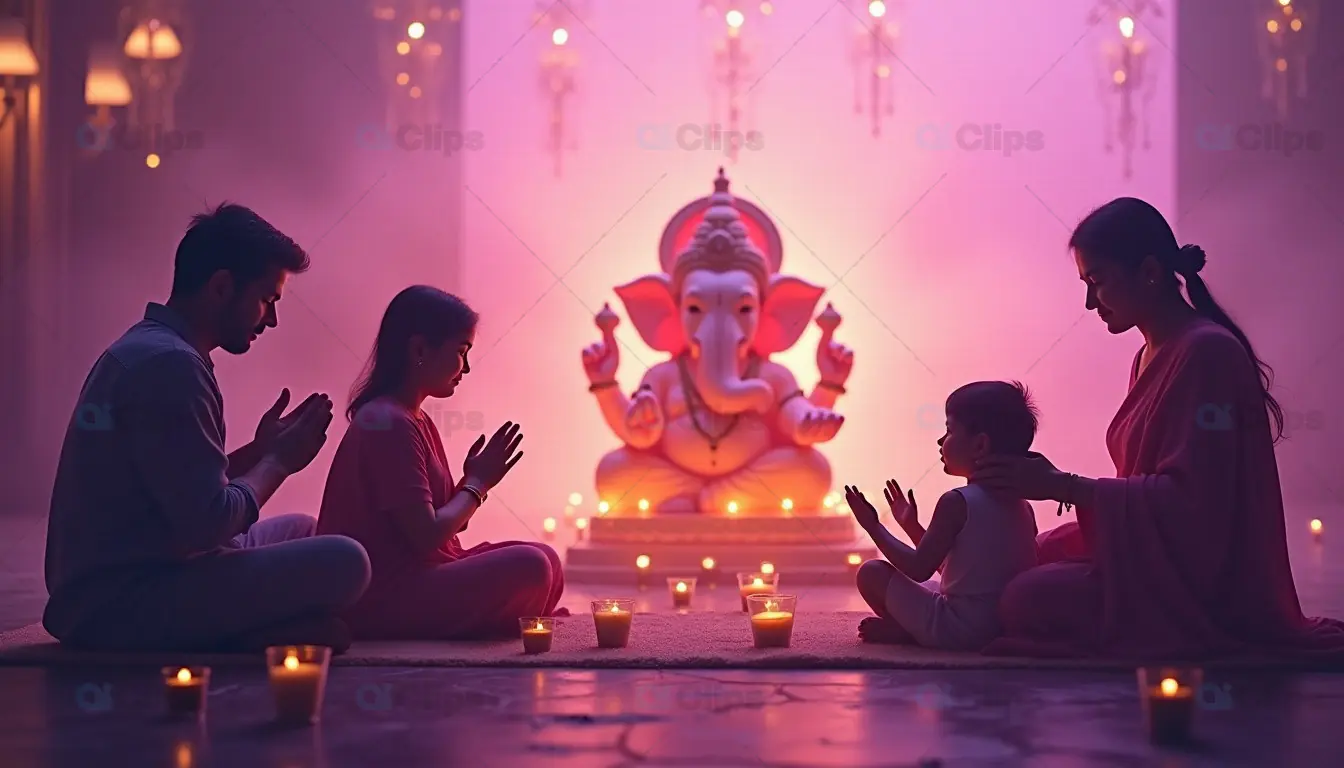 Family Praying to Lord Ganesha During Ganesh Chaturthi