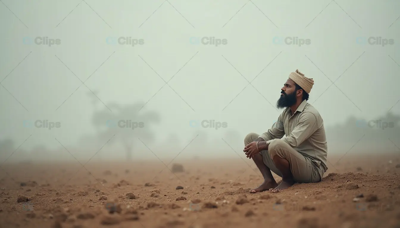 Man Sitting in a Misty Desert Landscape