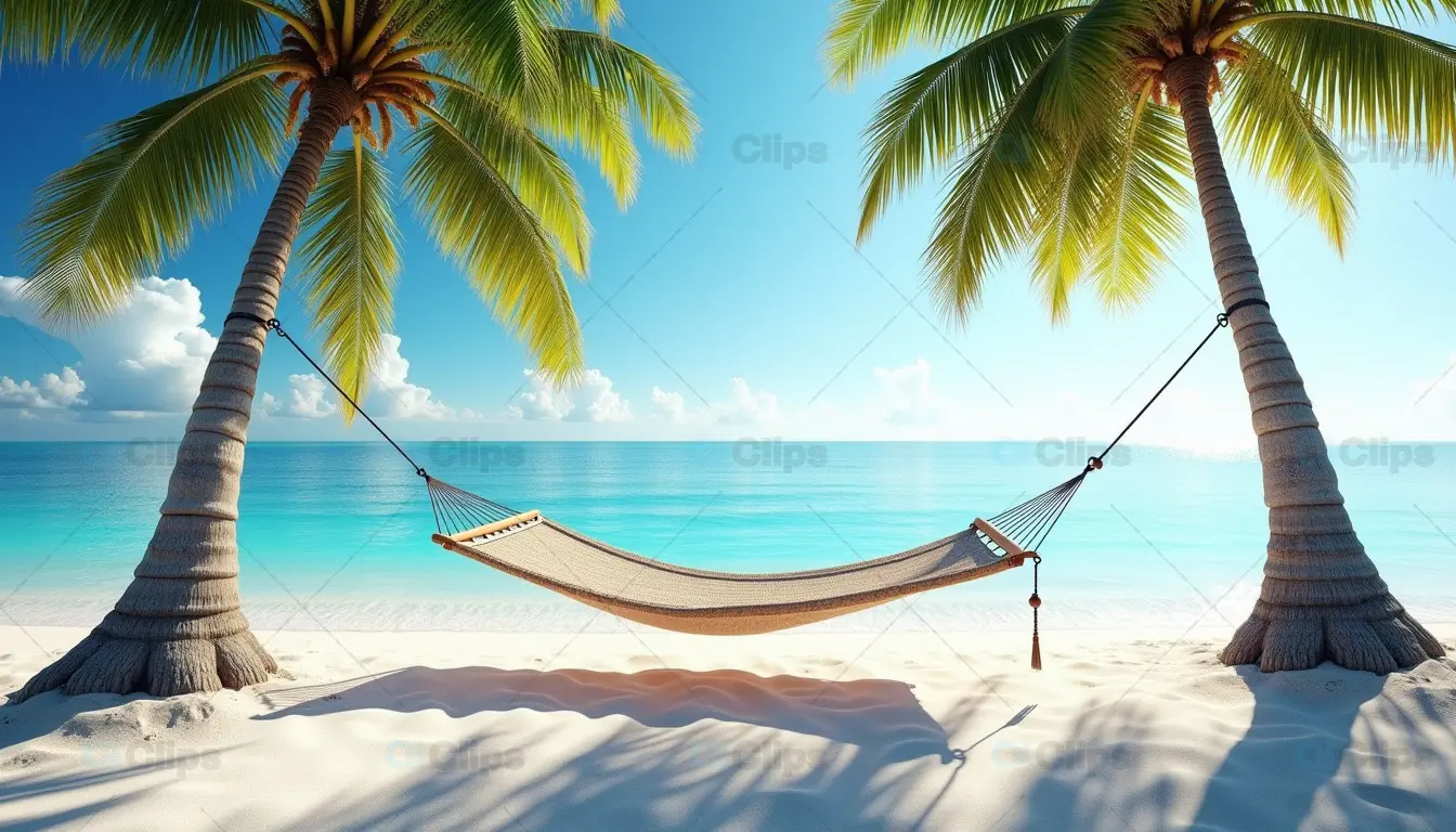 Relaxing Hammock on Tropical Beach Between Palm Trees