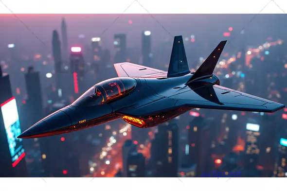 Futuristic Jet Over Cityscape at Night