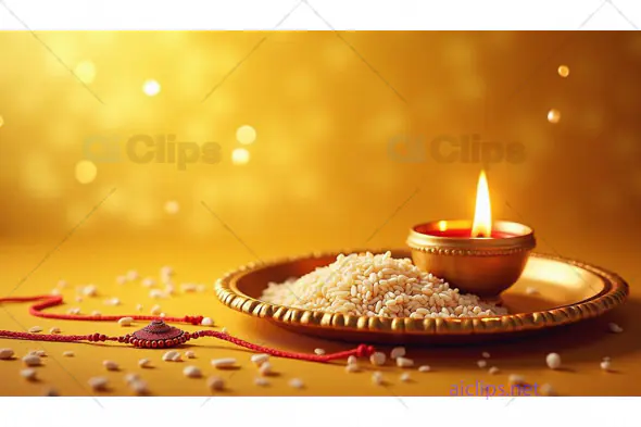 Raksha Bandhan Ritual Plate with Rakhi and Diya on Golden Background