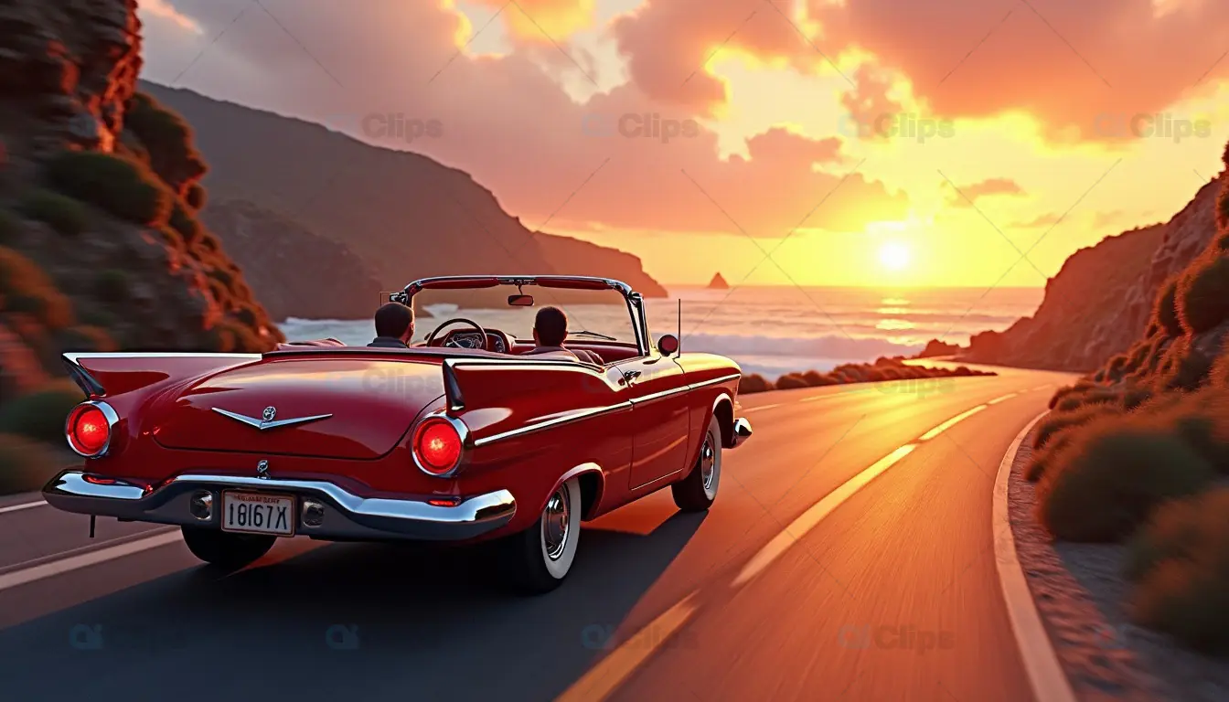 Vintage Convertible Car on Sunset Coastal Drive