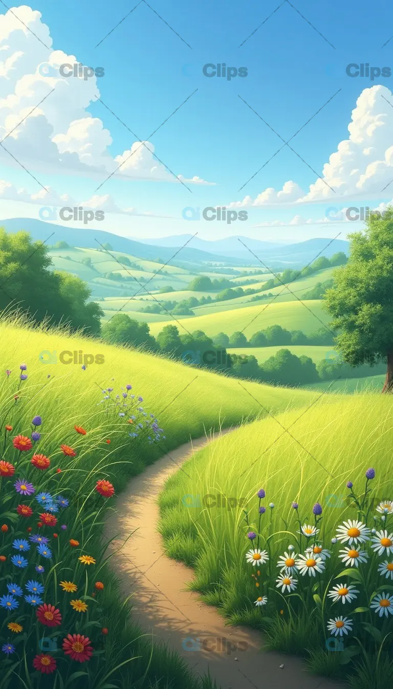 Sunny Landscape with Path and Wildflowers