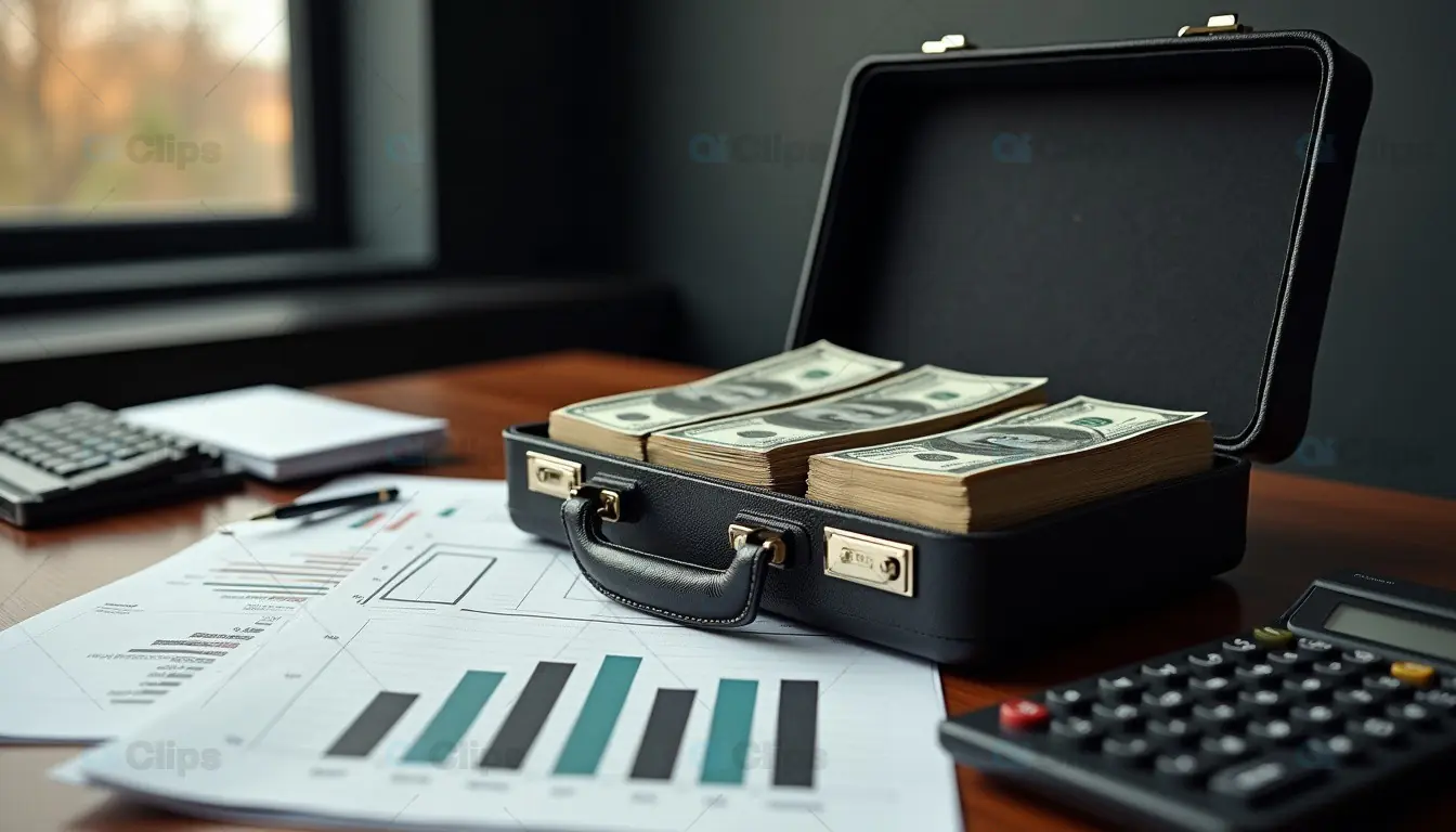 Business Finance Briefcase with Cash and Analytics