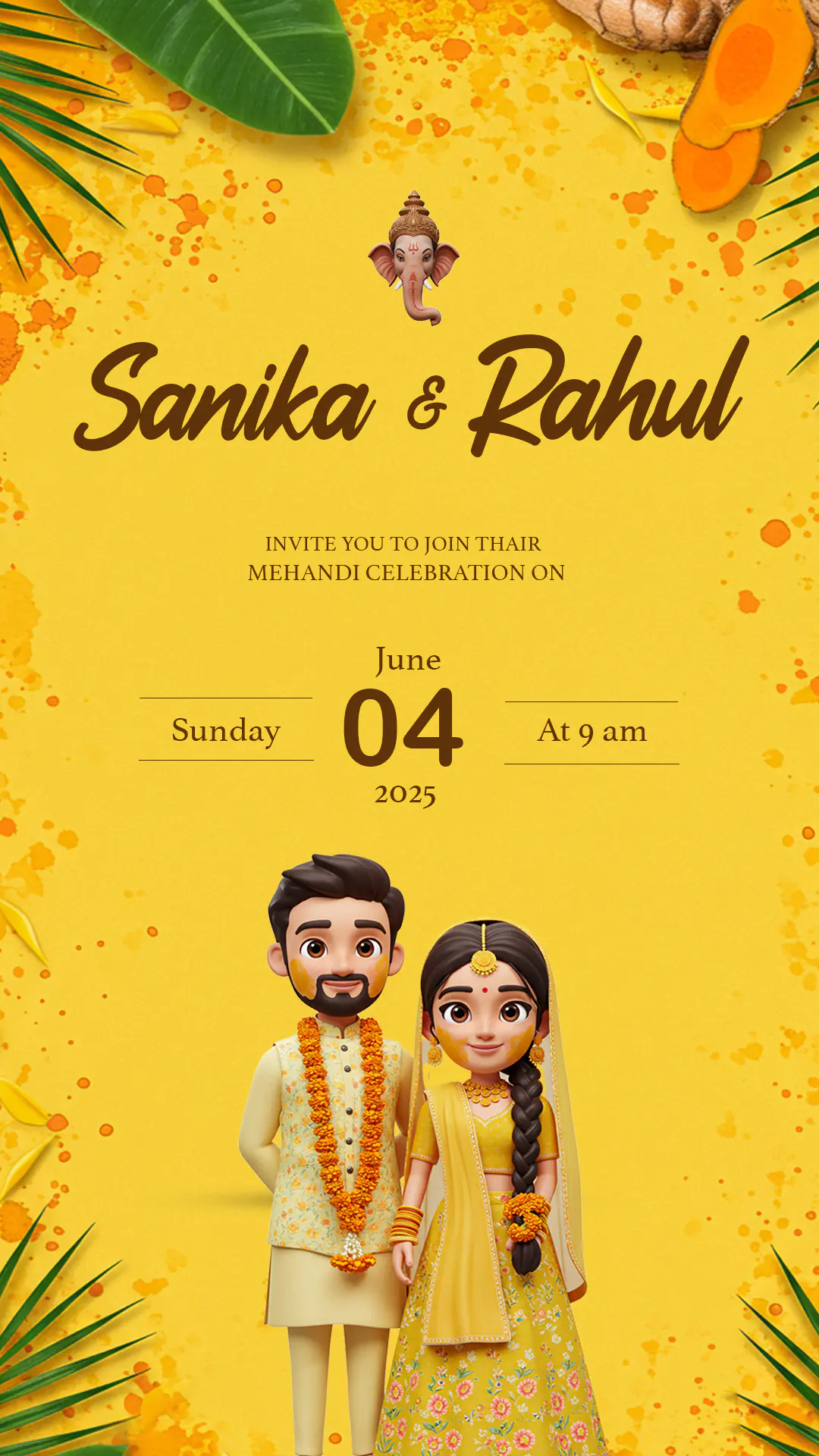 3D Cartoon Style Indian Mehendi Invitation